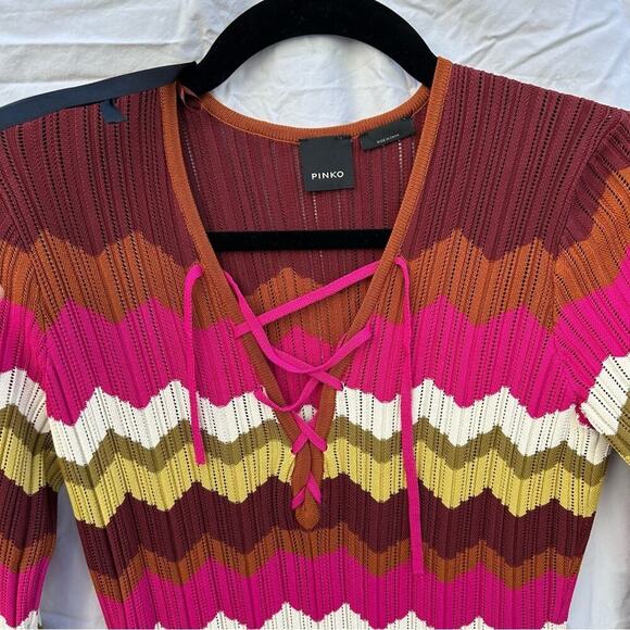 NWT Pinko Chevron Zig Zag Strip Midi Dress Pink Size Small - Picture 4 of 7